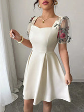 Square Neck Floral Sheer Sleeve Dress Ivory / S